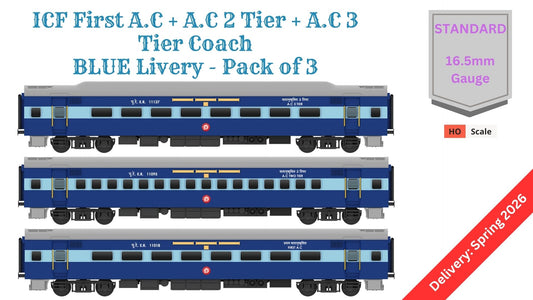 PRE-ORDER: ICF First AC+AC 2 Tier+AC 3 Tier, HO Scale - Blue, Standard, pack of 3