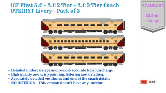PRE-ORDER: ICF First AC+AC 2 Tier+AC 3 Tier, HO Scale - Utkrisht, Standard, pack of 3