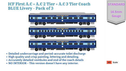 PRE-ORDER: ICF First AC+AC 2 Tier+AC 3 Tier, HO Scale - Blue, Standard, pack of 3