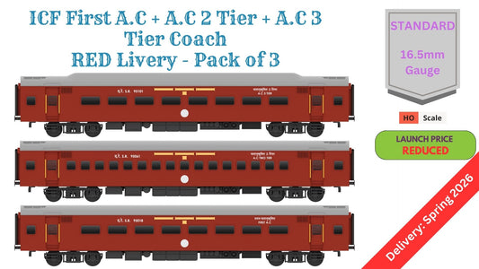 PRE-ORDER: ICF First AC+AC 2 Tier+AC 3 Tier, HO Scale - Classic Maroon, Standard, pack of 3