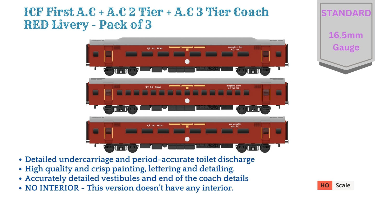PRE-ORDER: ICF First AC+AC 2 Tier+AC 3 Tier, HO Scale - Classic Maroon, Standard, pack of 3