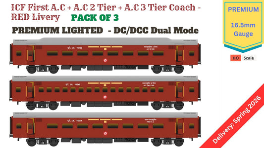 PRE-ORDER: ICF First AC+AC 2 Tier+AC 3 Tier, HO Scale - Classic Maroon, Premium, pack of 3