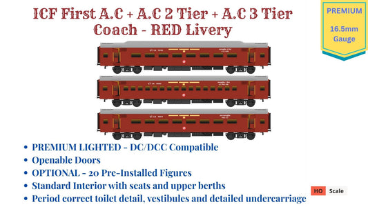PRE-ORDER: ICF First AC+AC 2 Tier+AC 3 Tier, HO Scale - Classic Maroon, Premium, pack of 3
