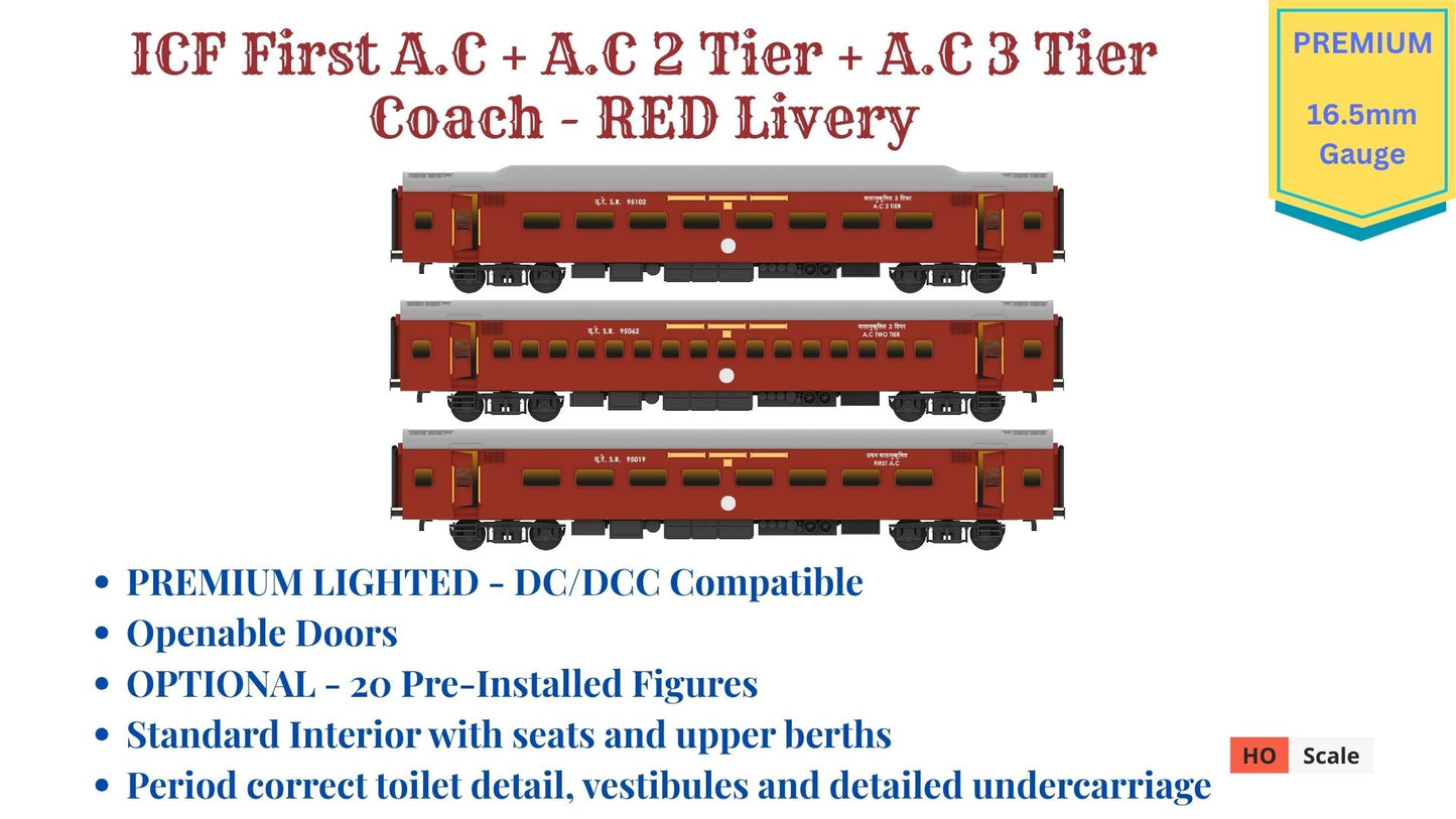 PRE-ORDER: ICF First AC+AC 2 Tier+AC 3 Tier, HO Scale - Classic Maroon, Premium, pack of 3