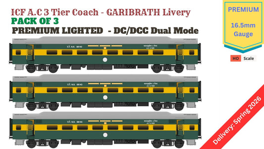 PRE-ORDER: ICF AC 3 Tier, HO Scale - Garibrath Livery, Premium, pack of 3