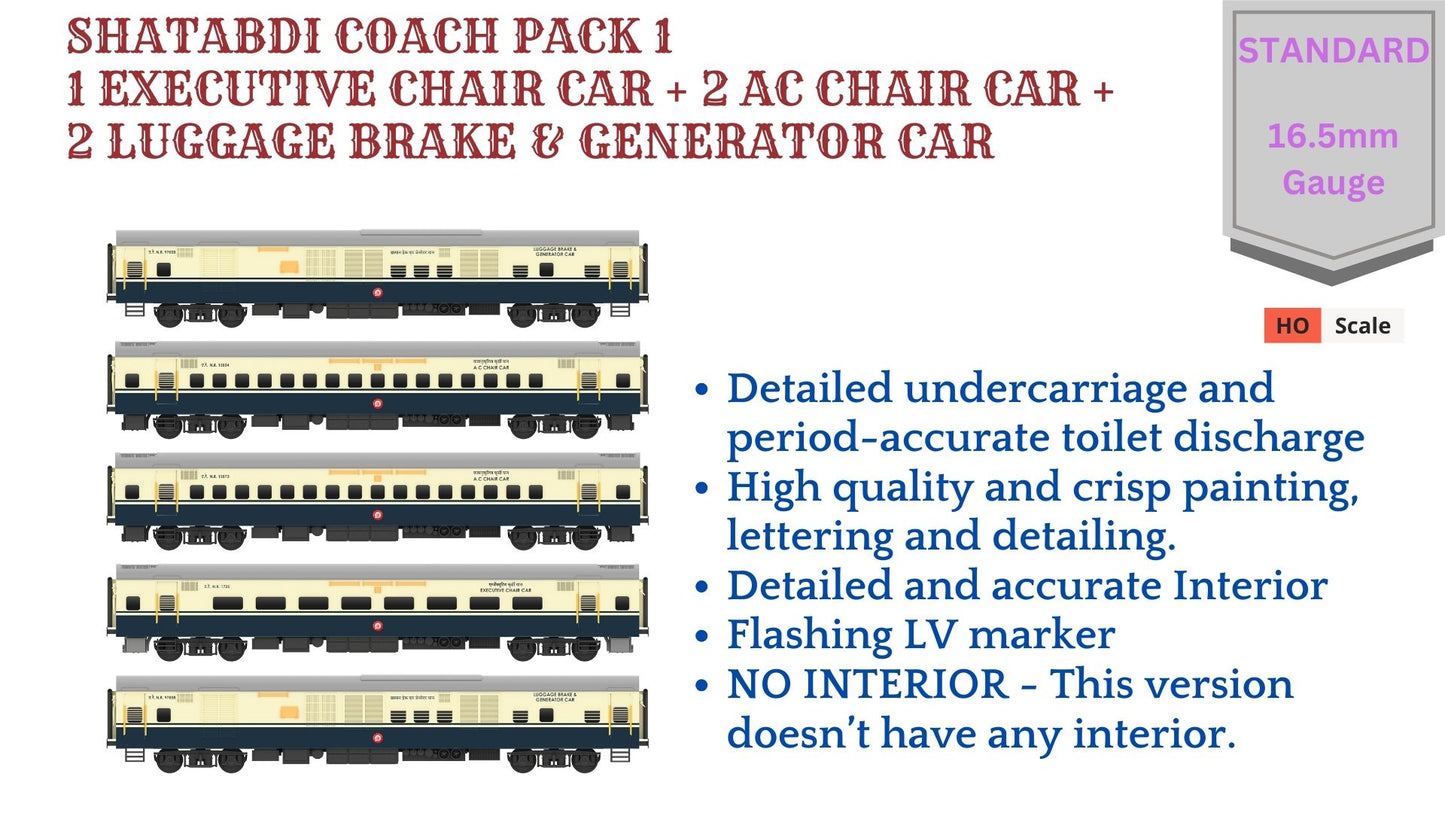 PRE-ORDER: SHATABDI COACH PACK - 1, HO Scale - Standard, pack of 5