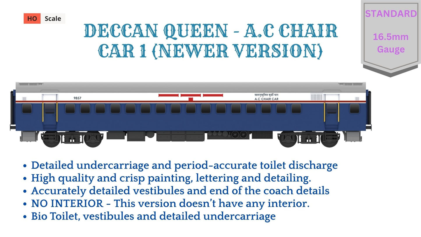 PRE-ORDER: DECCAN QUEEN - AC CHAIR CAR 1 (Newer Version), HO Scale - Standard Version