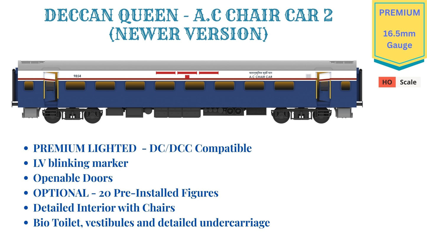 PRE-ORDER: DECCAN QUEEN - AC CHAIR CAR 2 (Newer Version), HO Scale - Premium Version