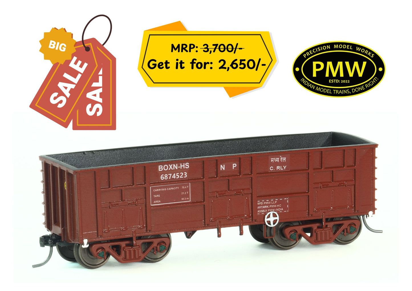 ON SALE: BOXN-HS Freight Wagon, HO Scale, Free Rolling - Metal Wheels & Couplers - Red