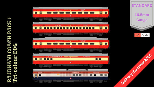 PRE-ORDER: ICF RAJDHANI COACH PACK 1 TRI-COLOUR EOG, HO Scale - Standard, pack of 5