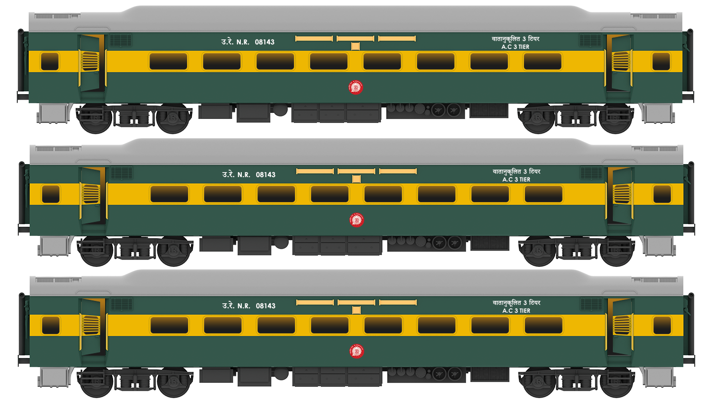 PRE-ORDER: ICF AC 3 Tier, HO Scale - Garibrath Livery, Premium, pack of 3