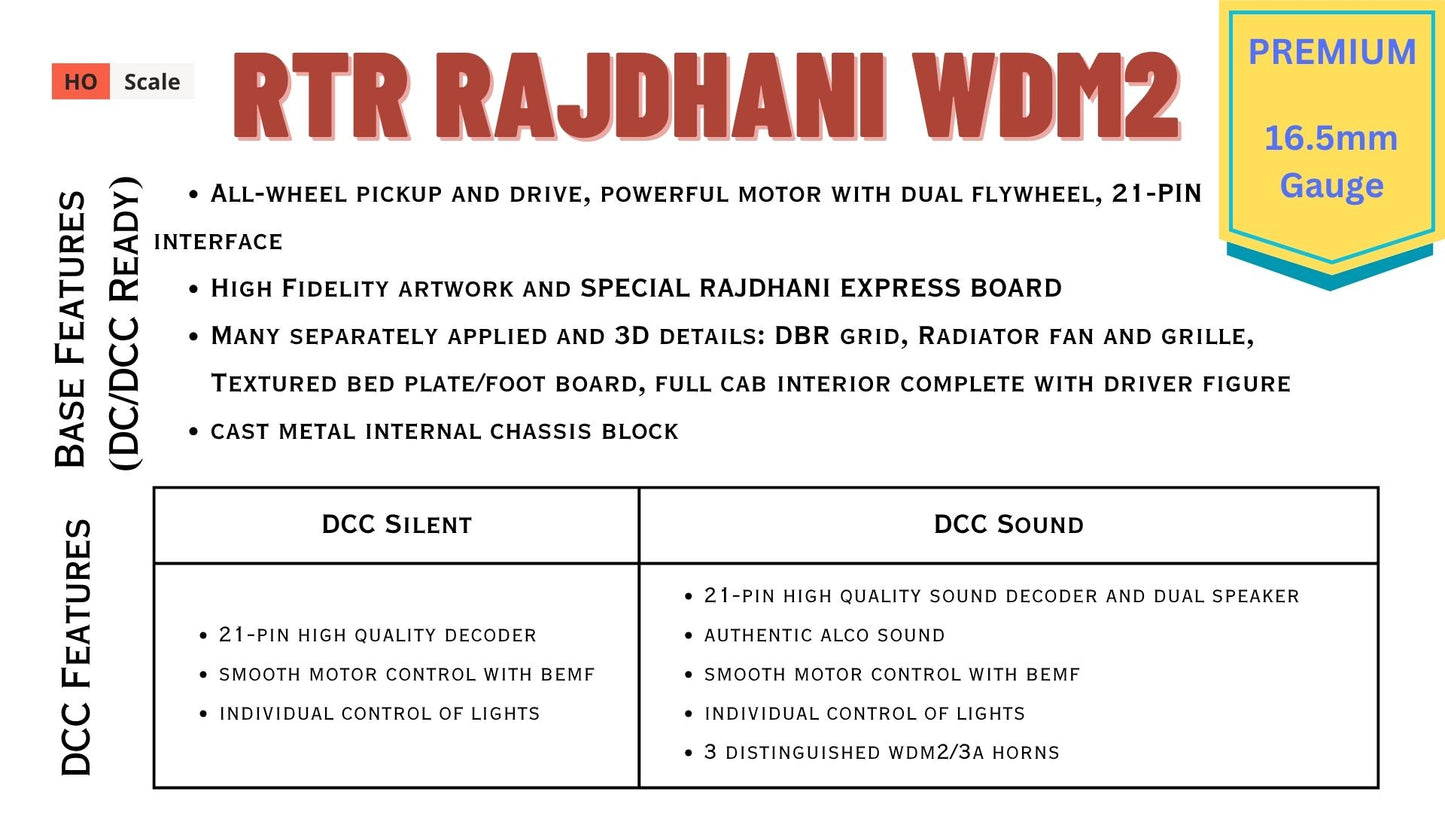 PRE-ORDER: RAJDHANI WDM2 PREMIUM RTR Model in HO Scale (1:87) - Premium