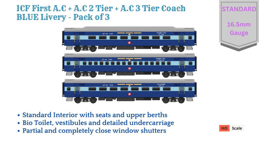 PRE-ORDER: ICF First AC+AC 2 Tier+AC 3 Tier, HO Scale - Blue, Standard, pack of 3