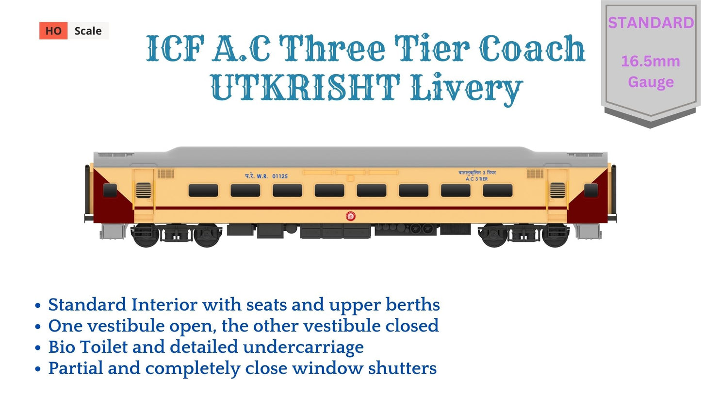 PRE-ORDER: ICF A.C Three Tier HO Scale - Utkrisht Livery (2018-Current), Standard Version