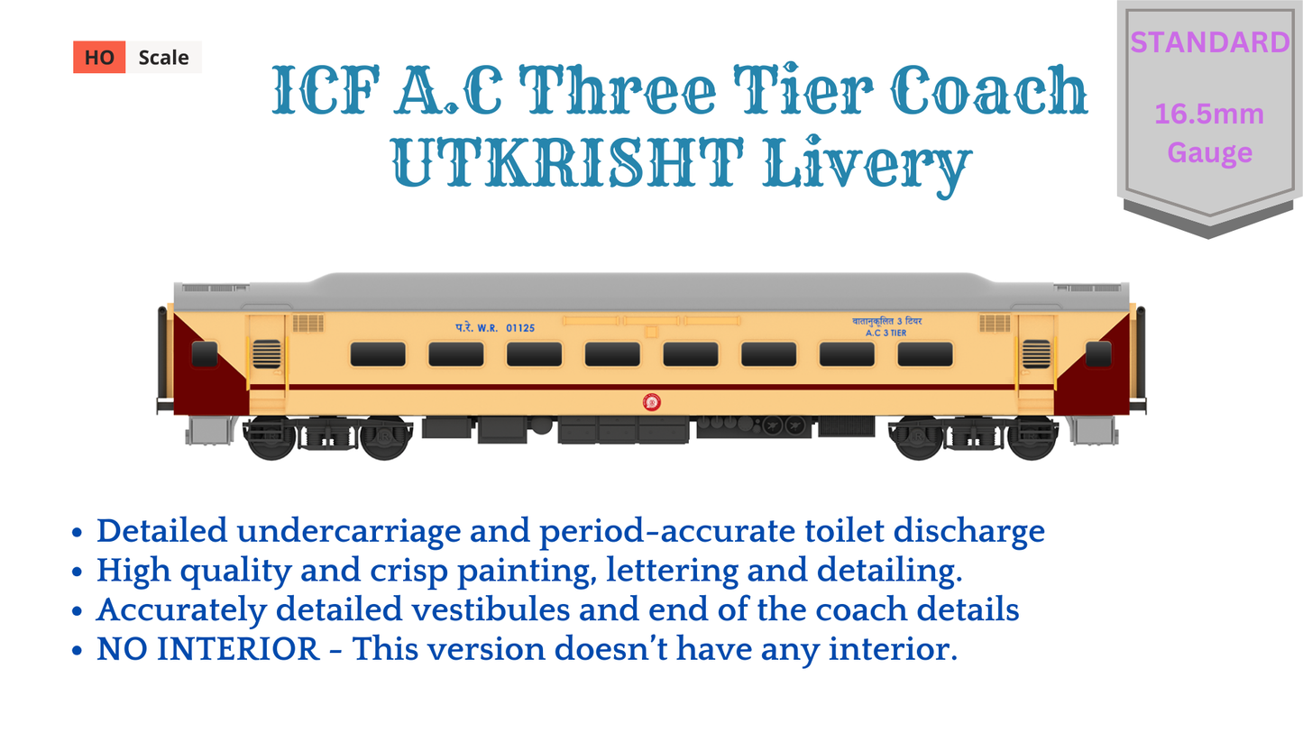 PRE-ORDER: ICF A.C Three Tier HO Scale - Utkrisht Livery (2018-Current), Standard Version