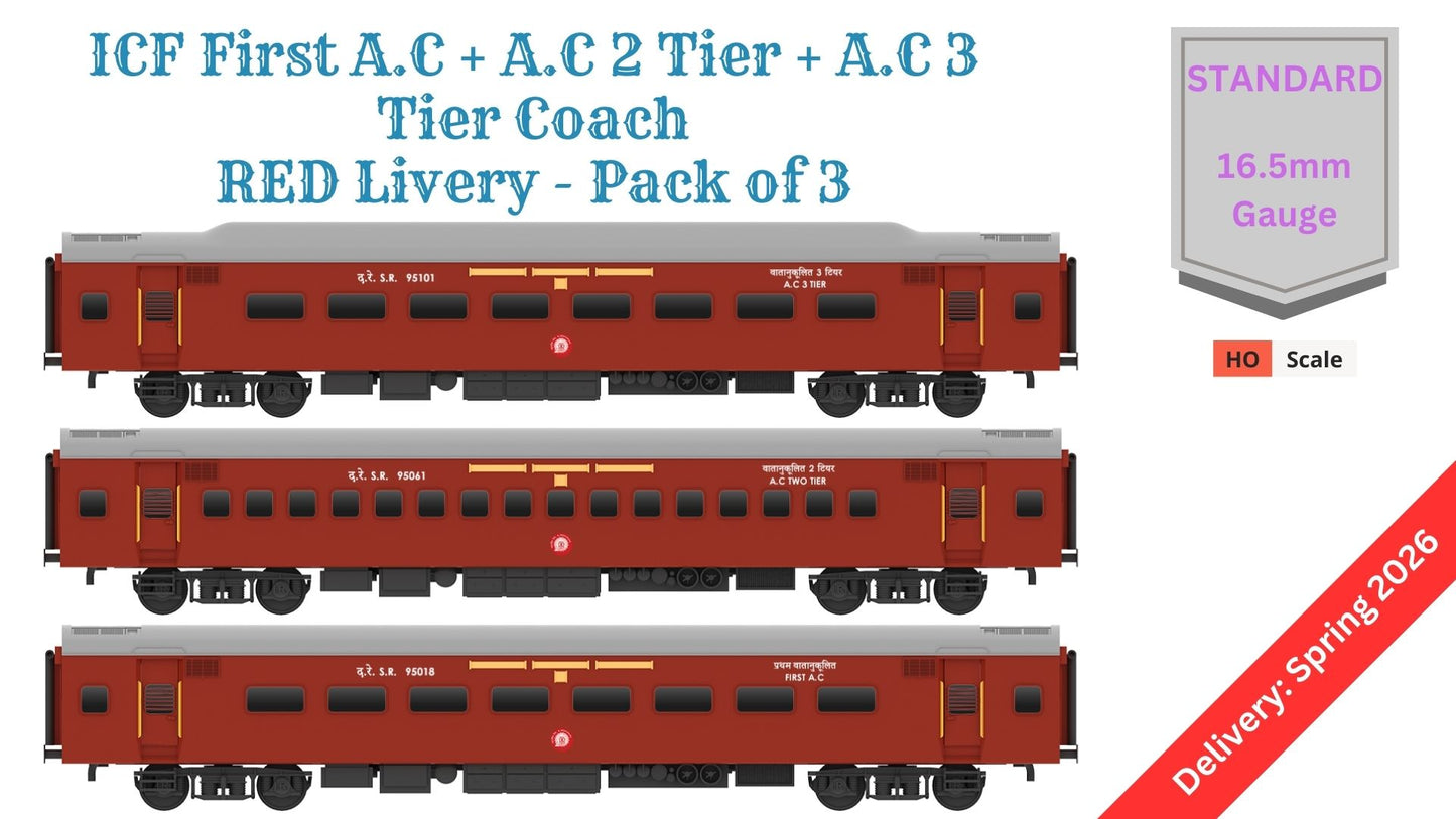PRE-ORDER: ICF First AC+AC 2 Tier+AC 3 Tier, HO Scale - Classic Maroon, Standard, pack of 3