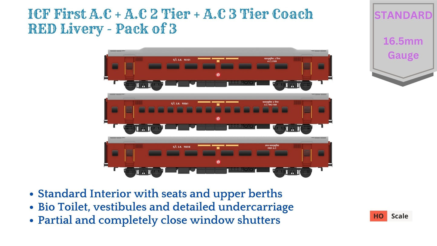 PRE-ORDER: ICF First AC+AC 2 Tier+AC 3 Tier, HO Scale - Classic Maroon, Standard, pack of 3