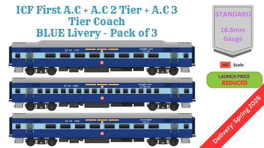 PRE-ORDER: ICF First AC+AC 2 Tier+AC 3 Tier, HO Scale - Blue, Standard, pack of 3