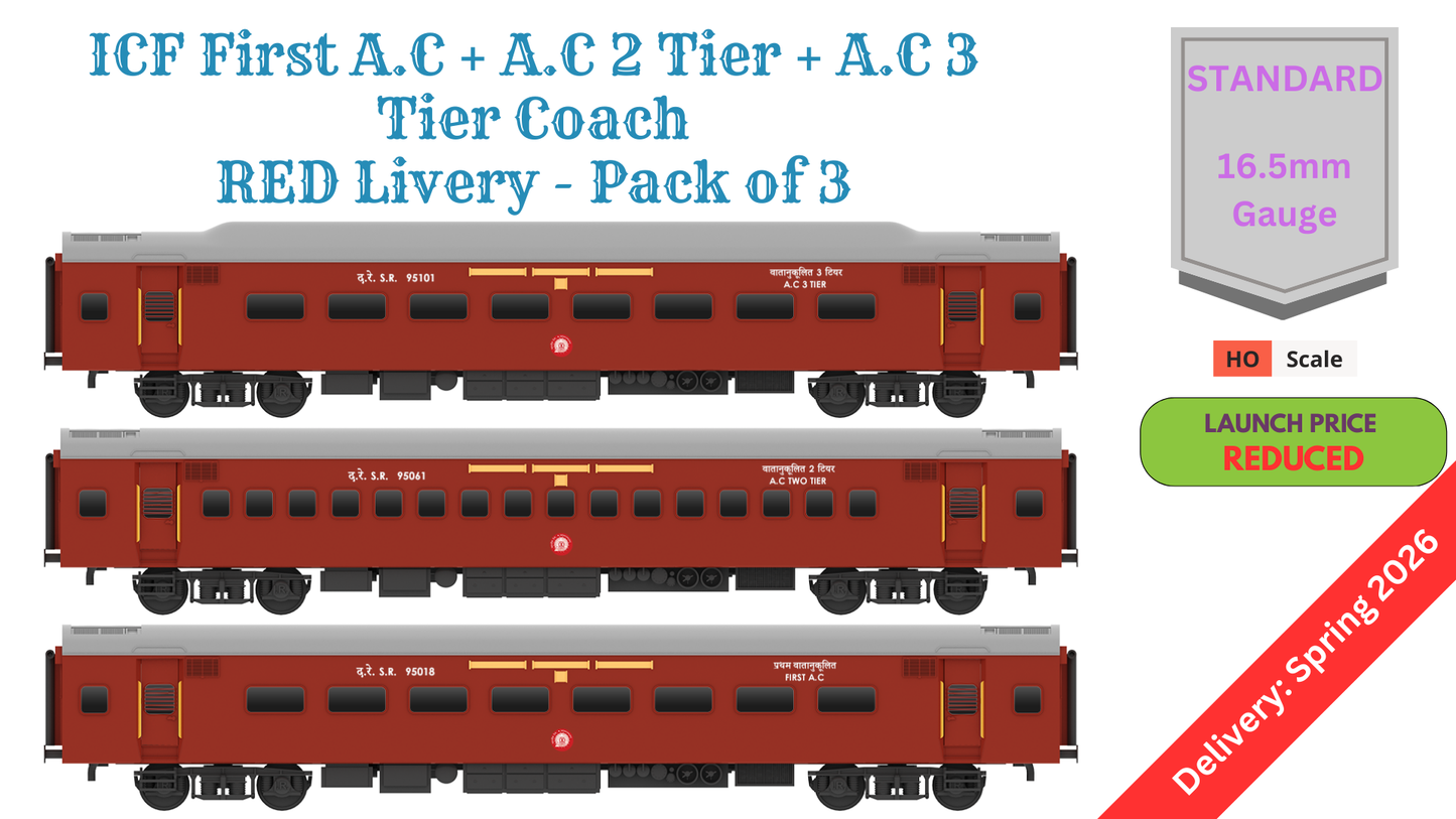 PRE-ORDER: ICF First AC+AC 2 Tier+AC 3 Tier, HO Scale - Classic Maroon, Standard, pack of 3
