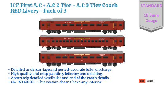 PRE-ORDER: ICF First AC+AC 2 Tier+AC 3 Tier, HO Scale - Classic Maroon, Standard, pack of 3
