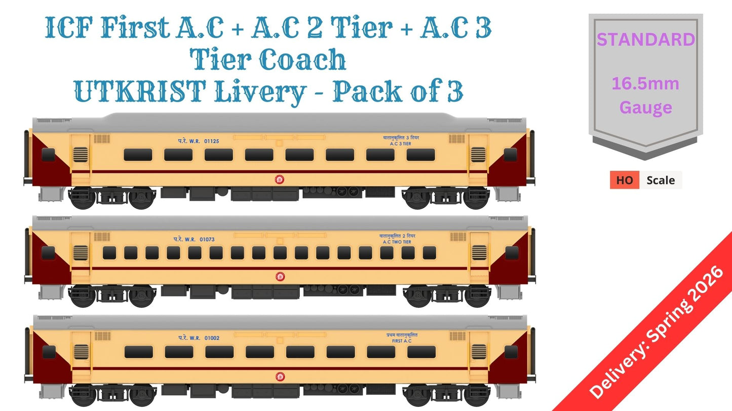 PRE-ORDER: ICF First AC+AC 2 Tier+AC 3 Tier, HO Scale - Utkrisht, Standard, pack of 3