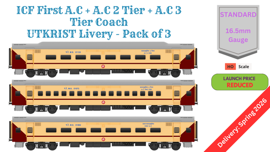PRE-ORDER: ICF First AC+AC 2 Tier+AC 3 Tier, HO Scale - Utkrisht, Standard, pack of 3