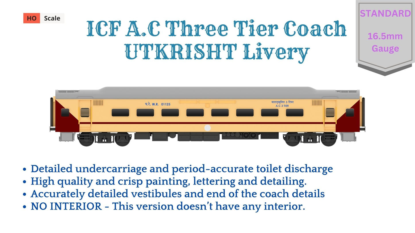 PRE-ORDER: ICF A.C Three Tier HO Scale - Utkrisht Livery (2018-Current), Standard Version