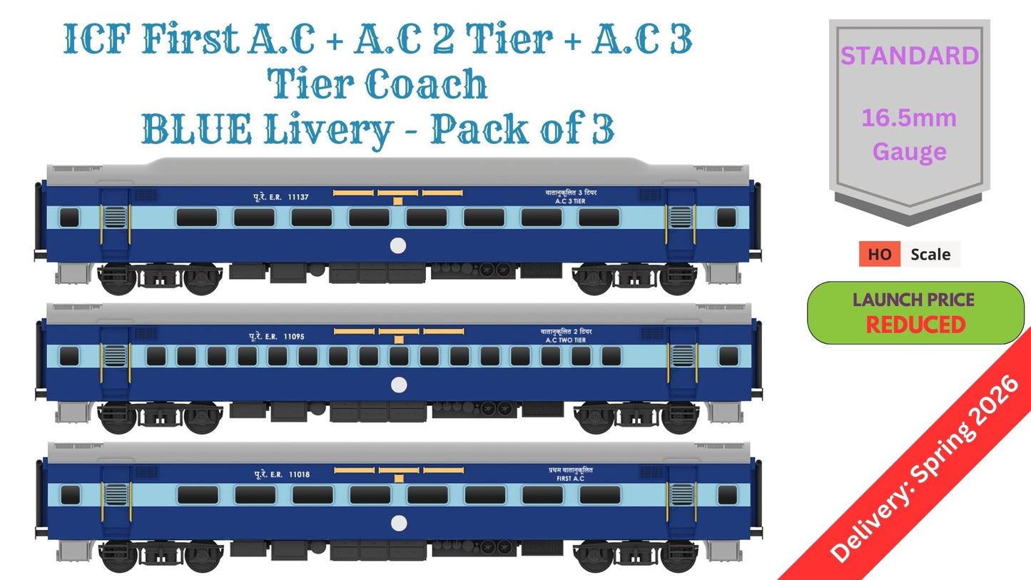 Made to Order: ICF First AC+AC 2 Tier+AC 3 Tier, HO Scale - Blue, Standard, pack of 3