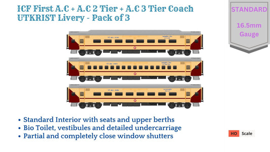 PRE-ORDER: ICF First AC+AC 2 Tier+AC 3 Tier, HO Scale - Utkrisht, Standard, pack of 3