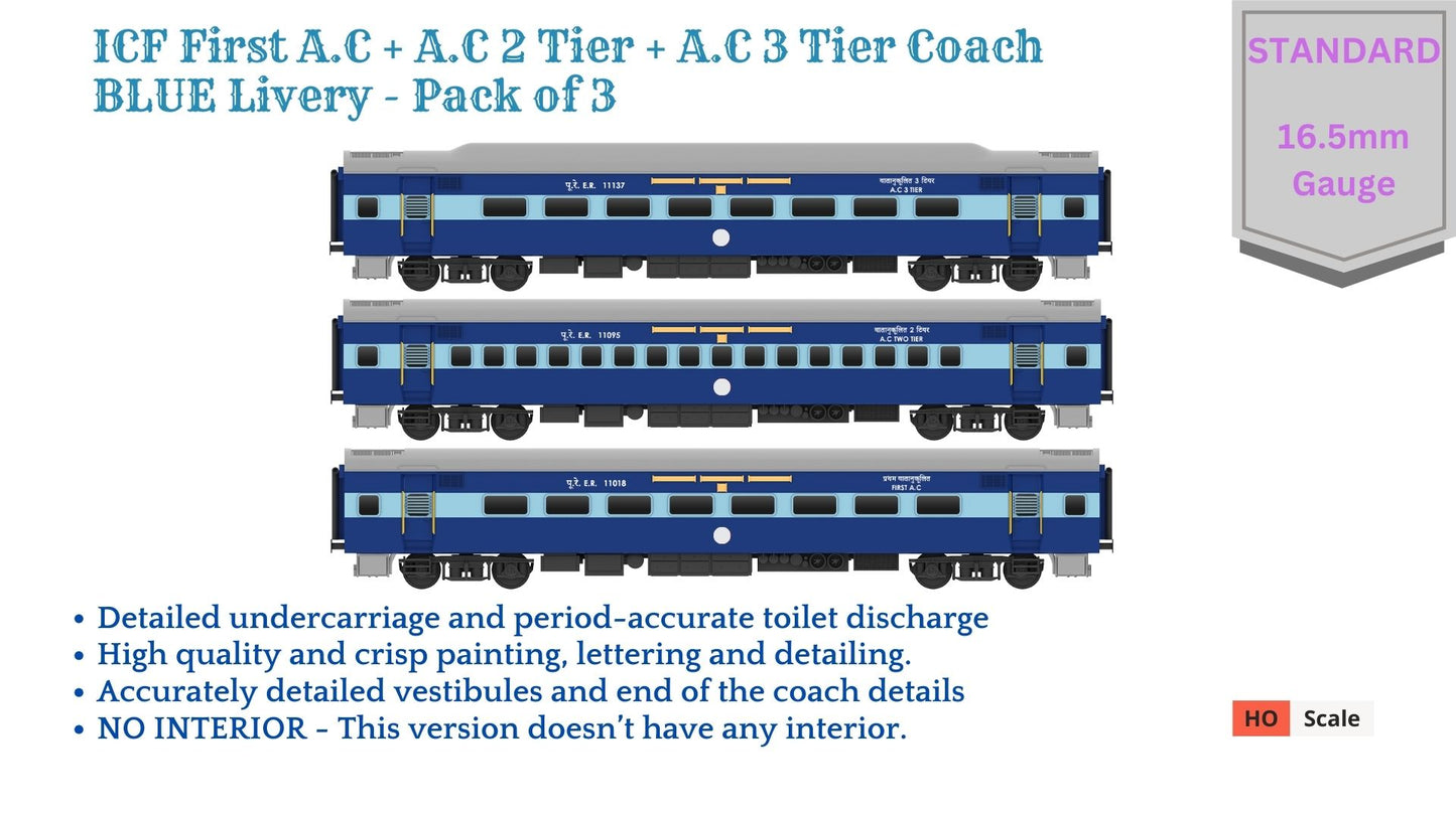 Made to Order: ICF First AC+AC 2 Tier+AC 3 Tier, HO Scale - Blue, Standard, pack of 3