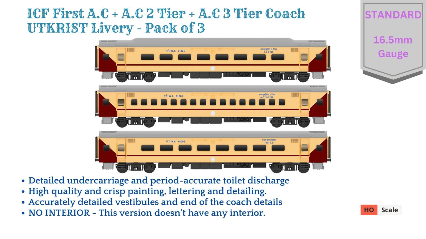 PRE-ORDER: ICF First AC+AC 2 Tier+AC 3 Tier, HO Scale - Utkrisht, Standard, pack of 3