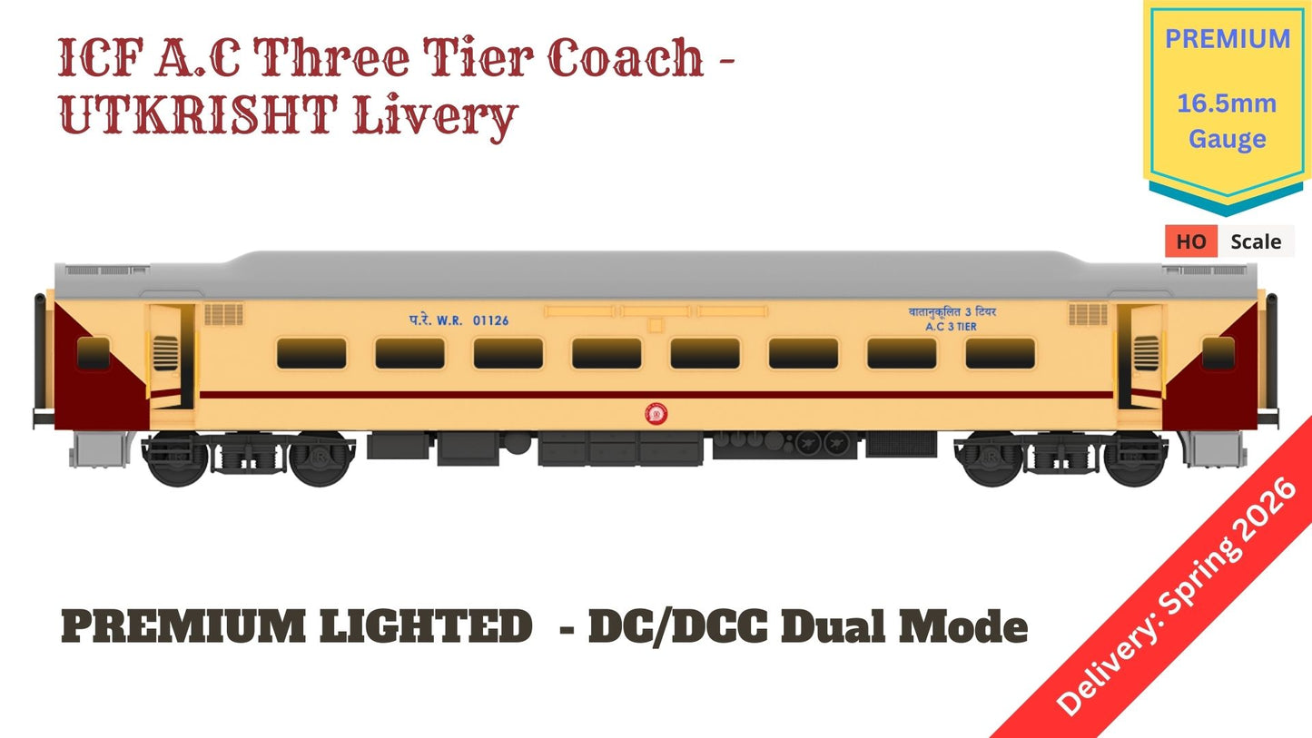 PRE-ORDER: ICF A.C Three Tier HO Scale - Utkrisht Livery (2018-Current), Premium Version
