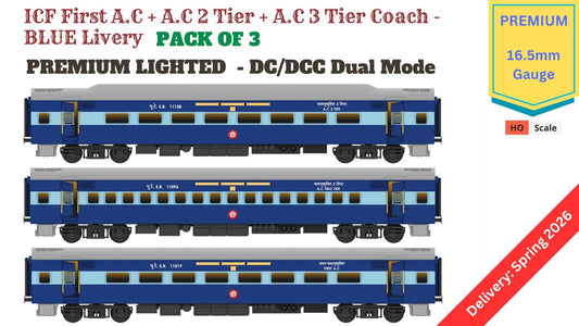 PRE-ORDER: ICF First AC+AC 2 Tier+AC 3 Tier, HO Scale - Blue, Premium, pack of 3
