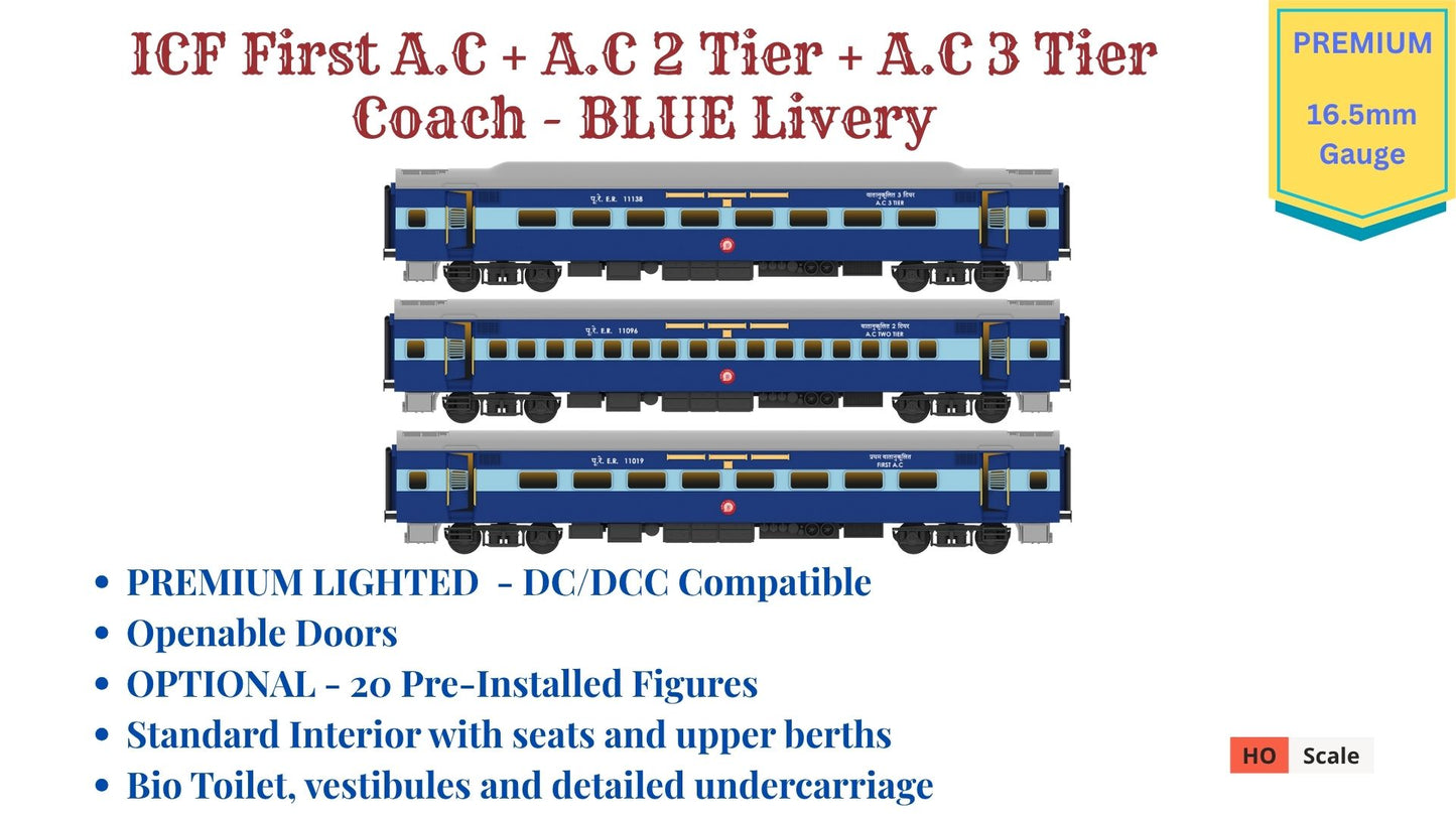 PRE-ORDER: ICF First AC+AC 2 Tier+AC 3 Tier, HO Scale - Blue, Premium, pack of 3