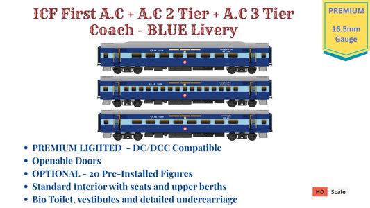 PRE-ORDER: ICF First AC+AC 2 Tier+AC 3 Tier, HO Scale - Blue, Premium, pack of 3