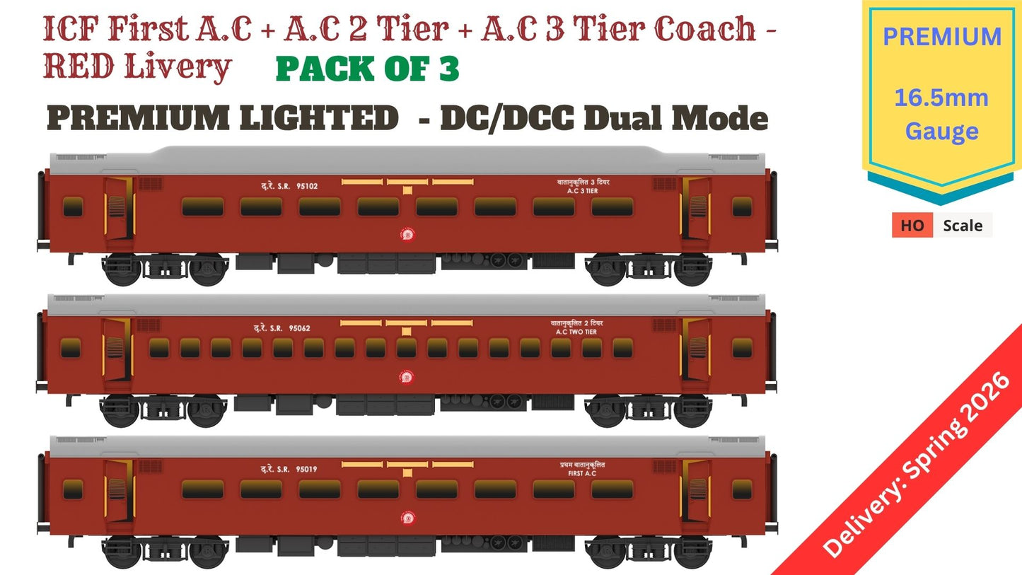 PRE-ORDER: ICF First AC+AC 2 Tier+AC 3 Tier, HO Scale - Classic Maroon, Premium, pack of 3