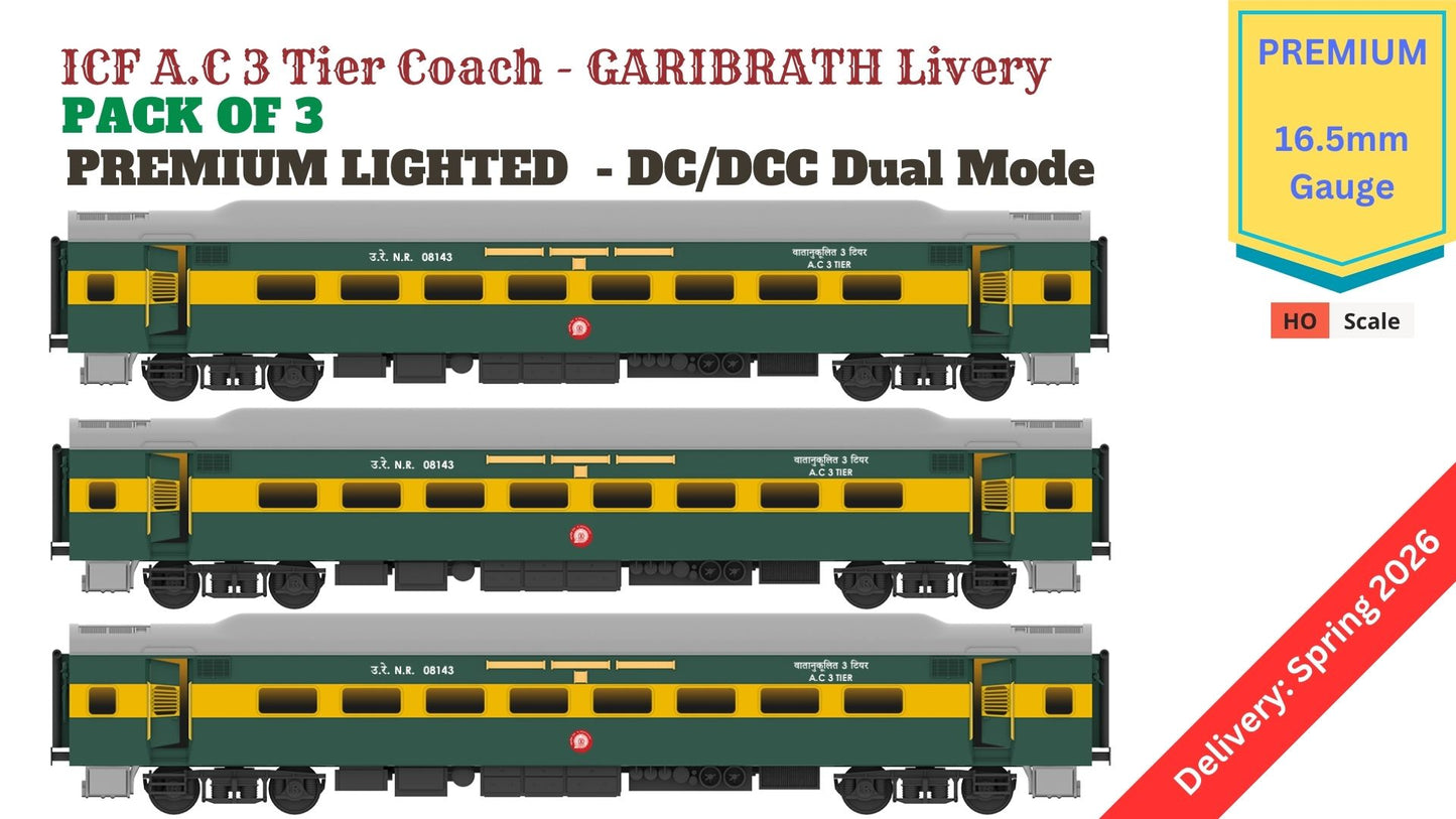 PRE-ORDER: ICF AC 3 Tier, HO Scale - Garibrath Livery, Premium, pack of 3