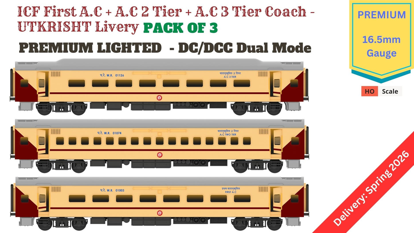 PRE-ORDER: ICF First AC+AC 2 Tier+AC 3 Tier, HO Scale - Utkrisht, Premium, pack of 3