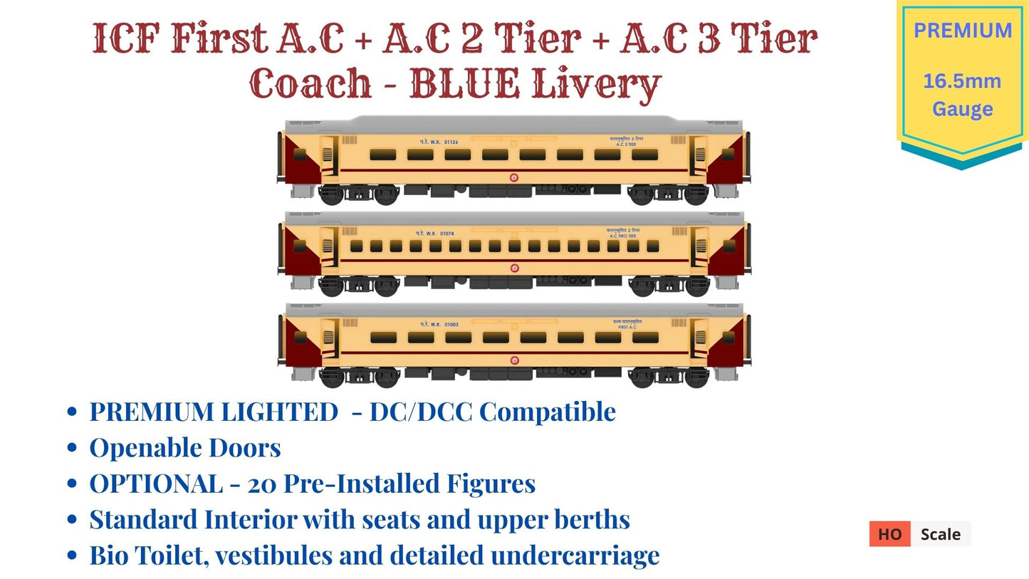 PRE-ORDER: ICF First AC+AC 2 Tier+AC 3 Tier, HO Scale - Utkrisht, Premium, pack of 3