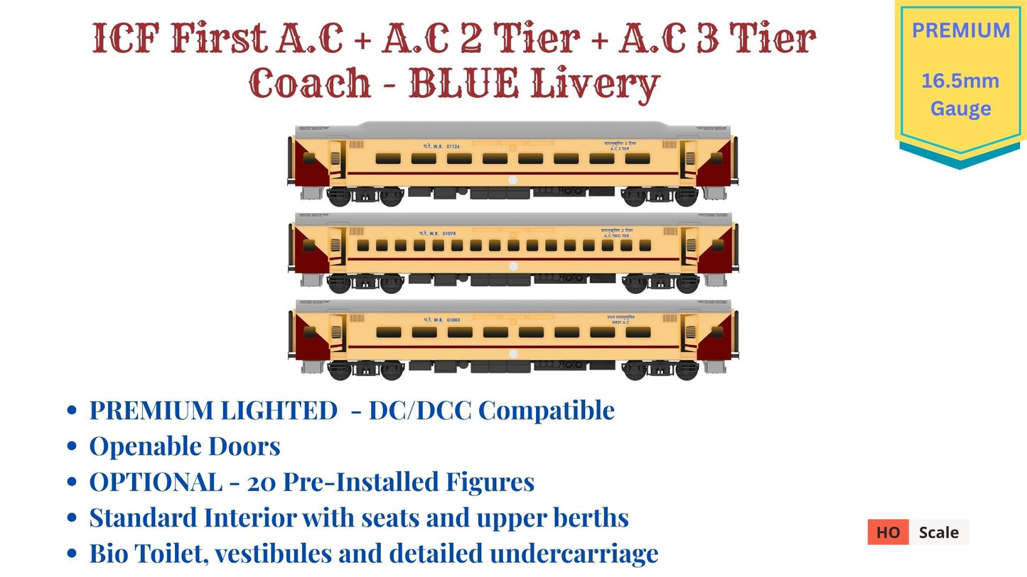 PRE-ORDER: ICF First AC+AC 2 Tier+AC 3 Tier, HO Scale - Utkrisht, Premium, pack of 3
