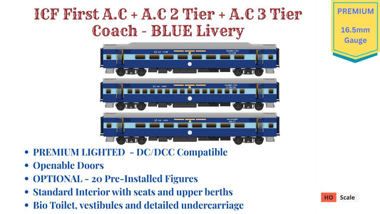 PRE-ORDER: ICF First AC+AC 2 Tier+AC 3 Tier, HO Scale - Blue, Premium, pack of 3
