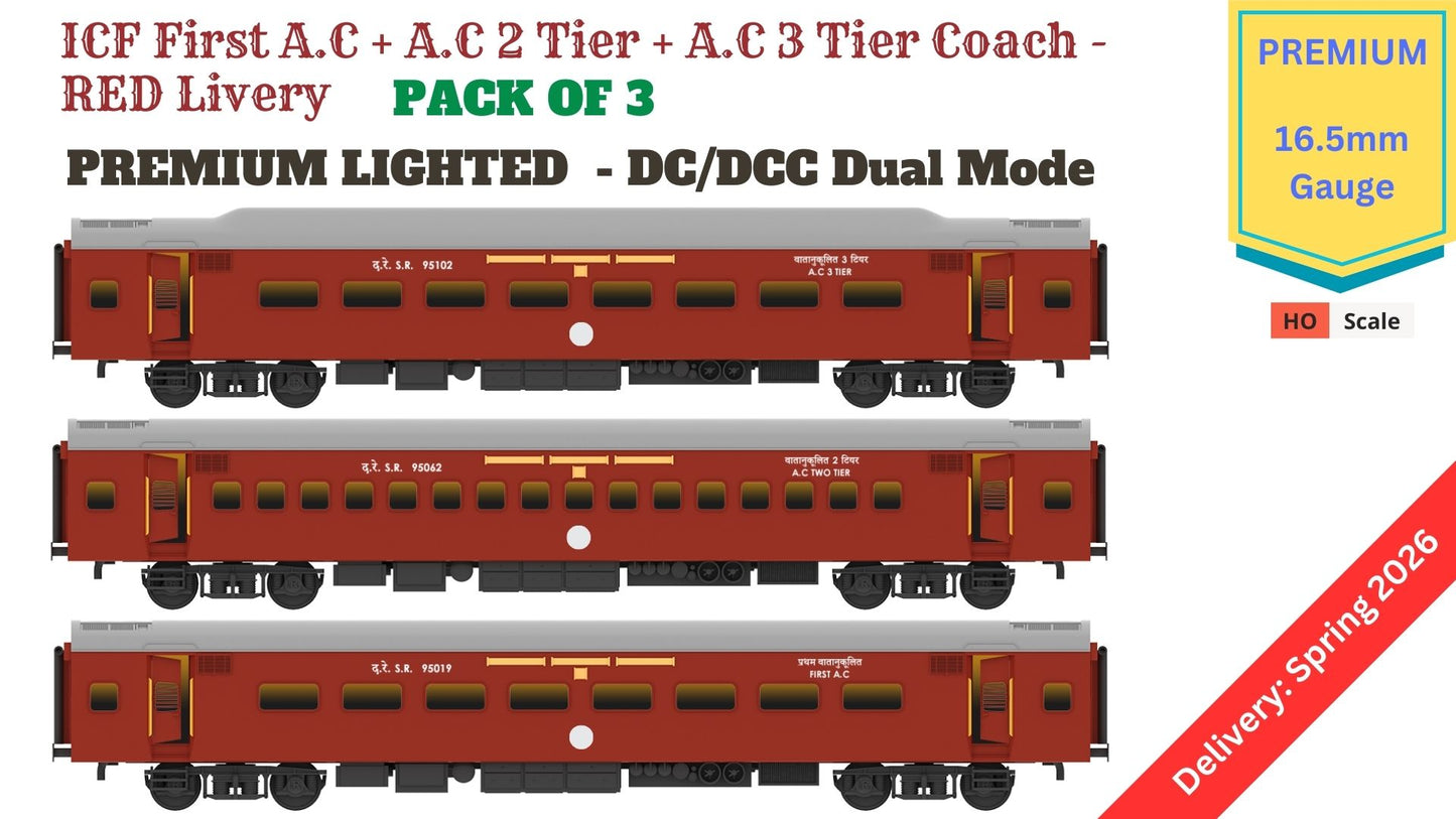 PRE-ORDER: ICF First AC+AC 2 Tier+AC 3 Tier, HO Scale - Classic Maroon, Premium, pack of 3