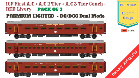 PRE-ORDER: ICF First AC+AC 2 Tier+AC 3 Tier, HO Scale - Classic Maroon, Premium, pack of 3
