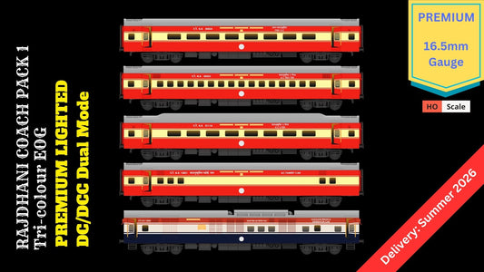 PRE-ORDER: ICF RAJDHANI COACH PACK 1 TRI-COLOUR EOG, HO Scale - PREMIUM, pack of 5