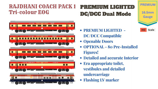 PRE-ORDER: ICF RAJDHANI COACH PACK 1 TRI-COLOUR EOG, HO Scale - PREMIUM, pack of 5