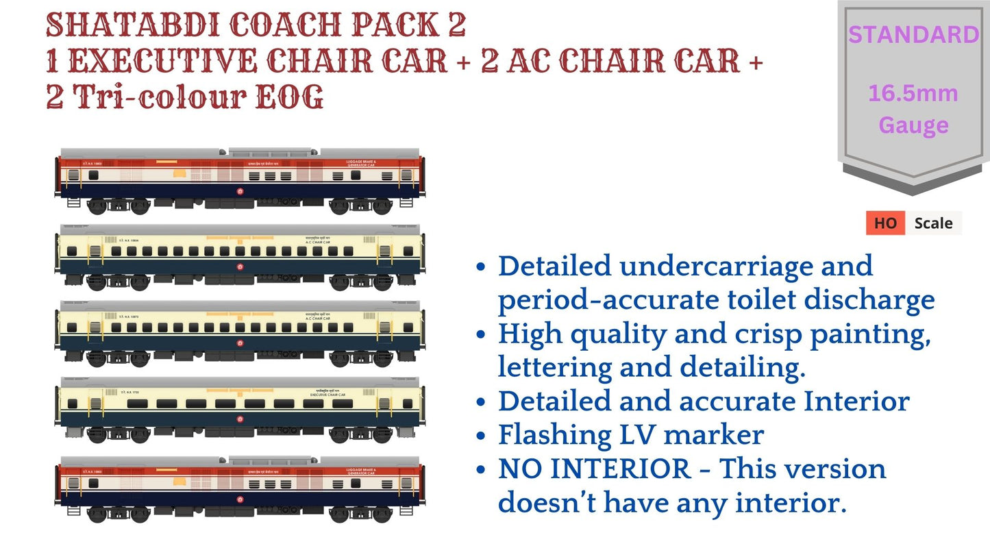 PRE-ORDER: SHATABDI COACH PACK - 2, HO Scale - Standard, pack of 5