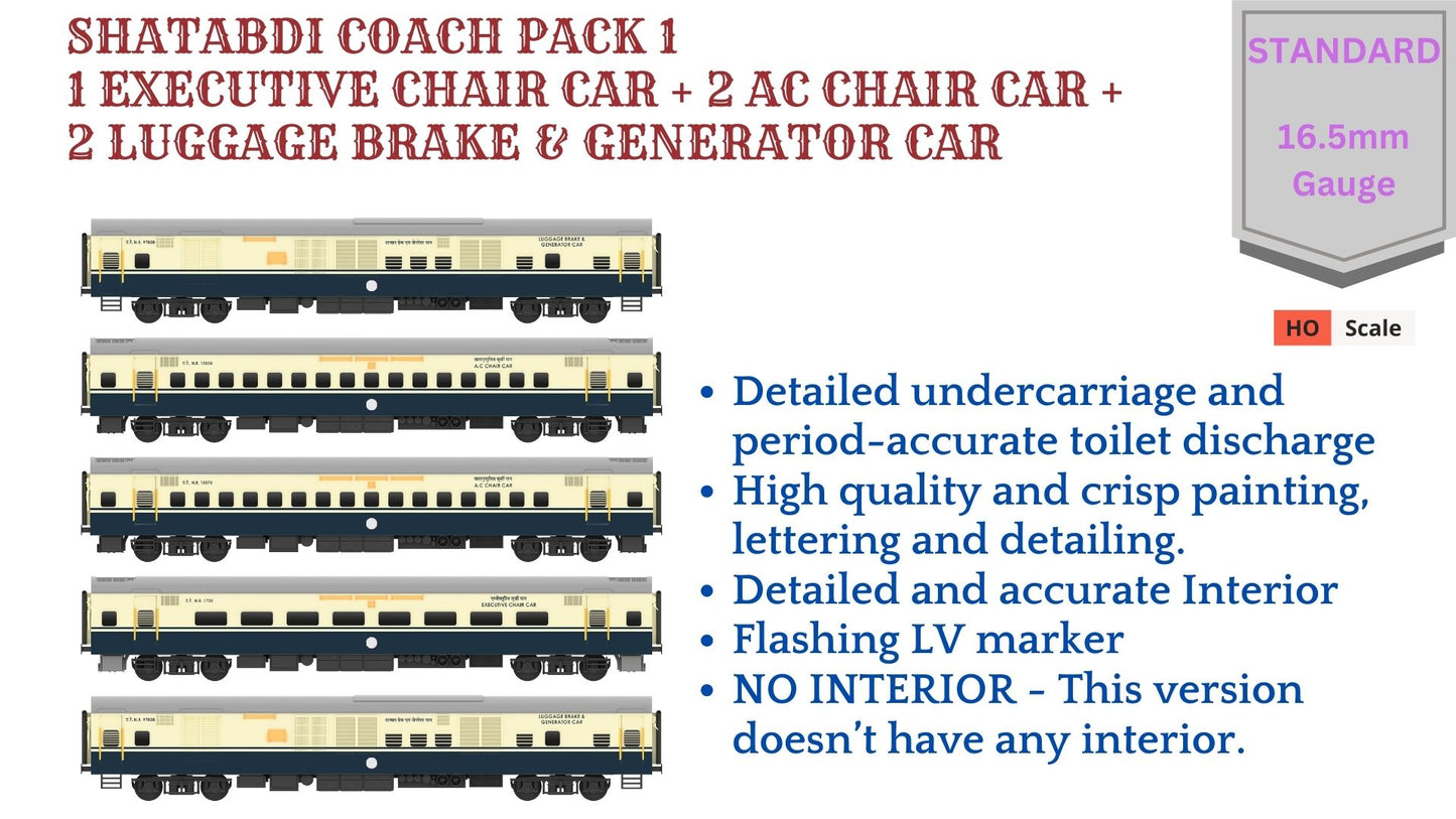 PRE-ORDER: SHATABDI COACH PACK - 1, HO Scale - Standard, pack of 5