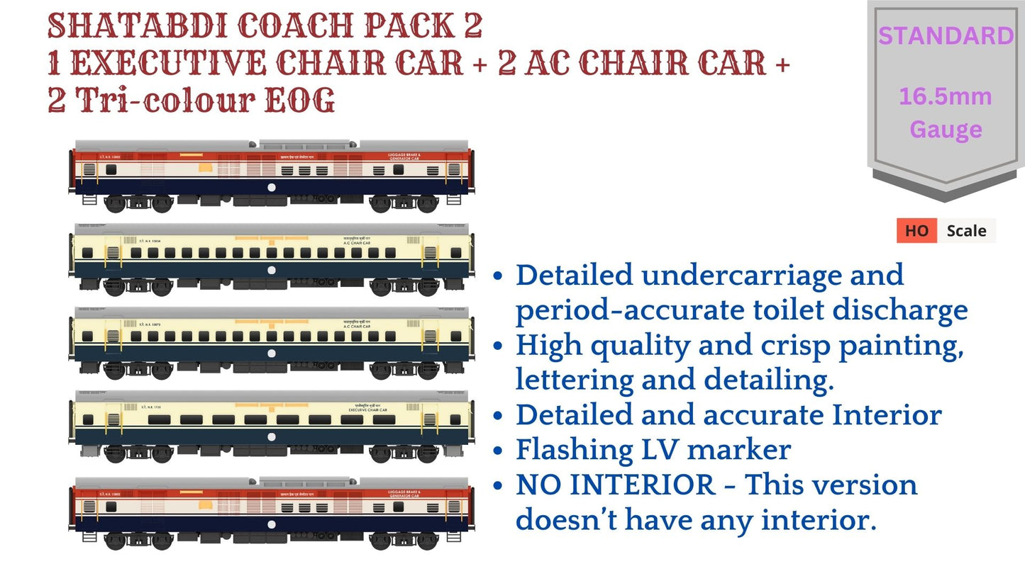 PRE-ORDER: SHATABDI COACH PACK - 2, HO Scale - Standard, pack of 5