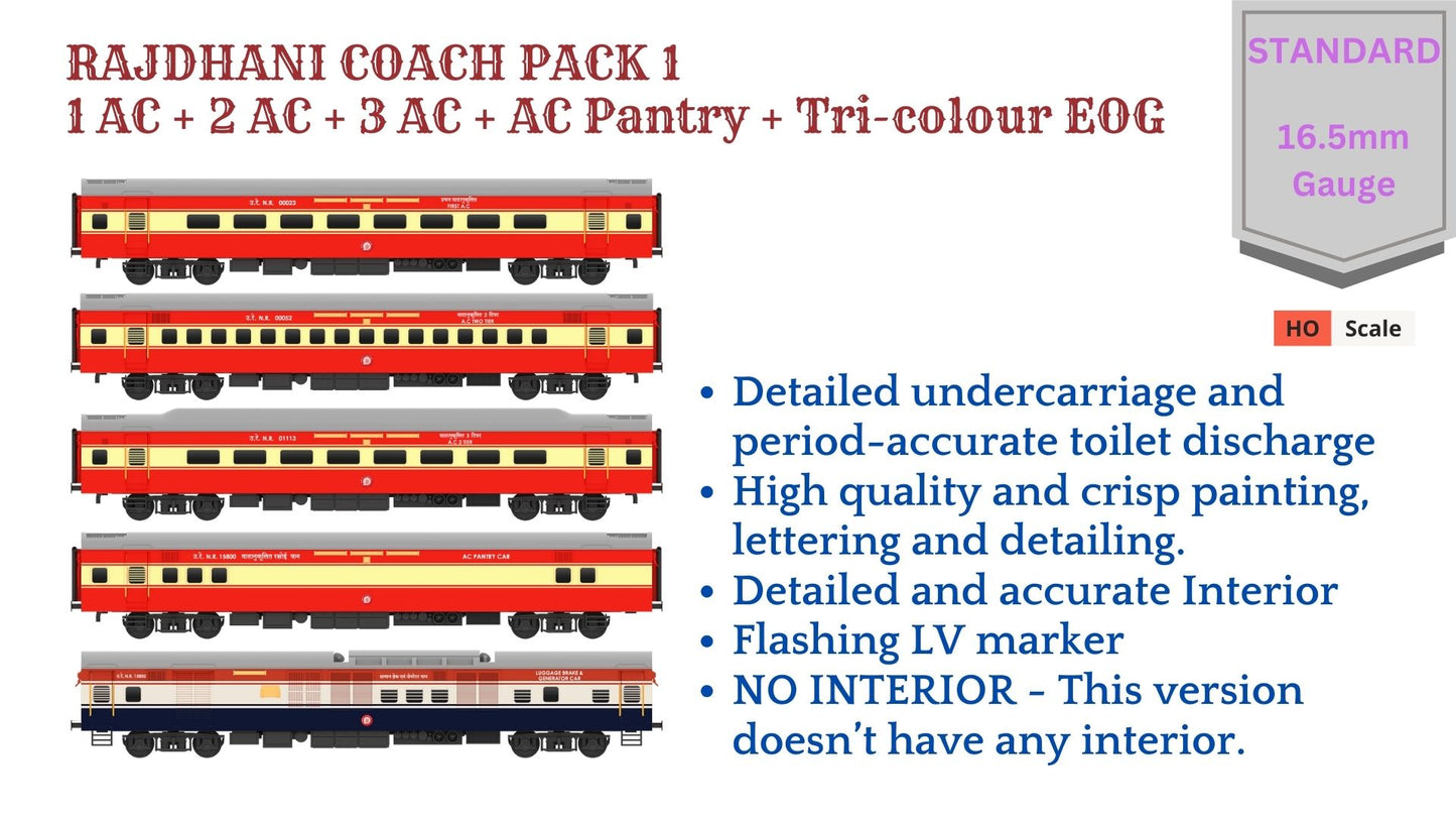 PRE-ORDER: ICF RAJDHANI COACH PACK 1 TRI-COLOUR EOG, HO Scale - Standard, pack of 5
