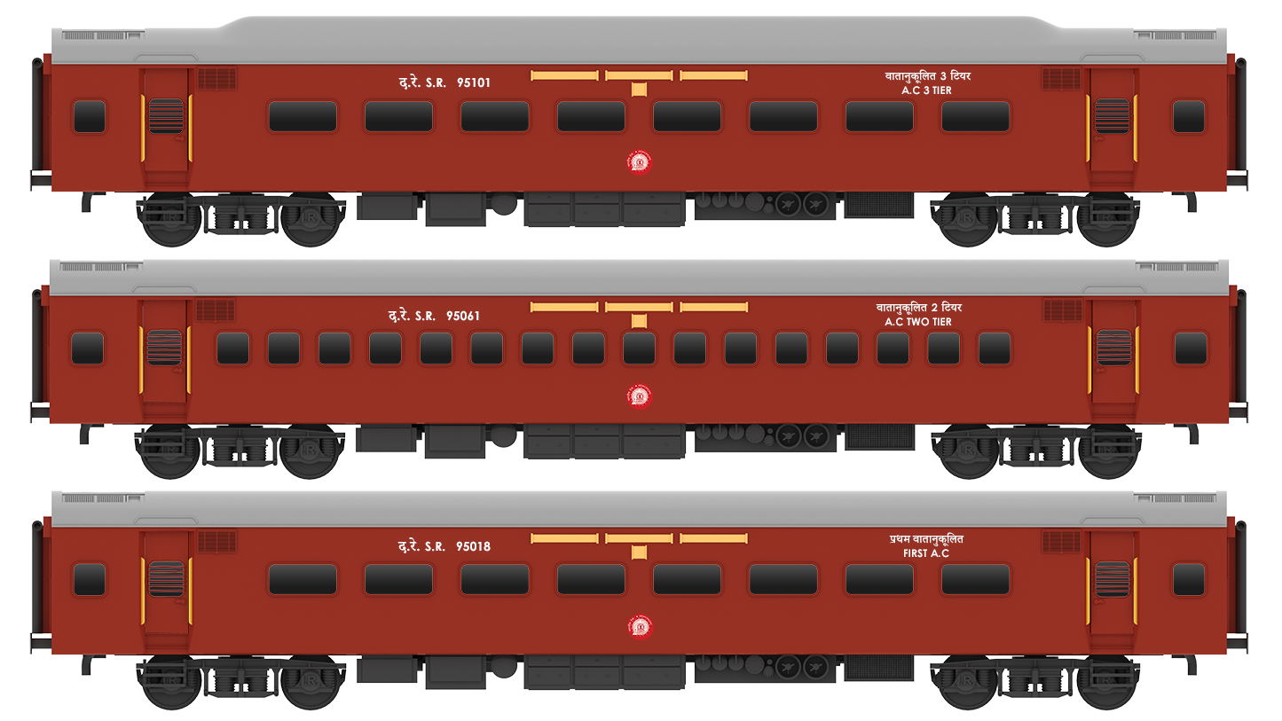PRE-ORDER: ICF First AC+AC 2 Tier+AC 3 Tier, HO Scale - Classic Maroon, Standard, pack of 3